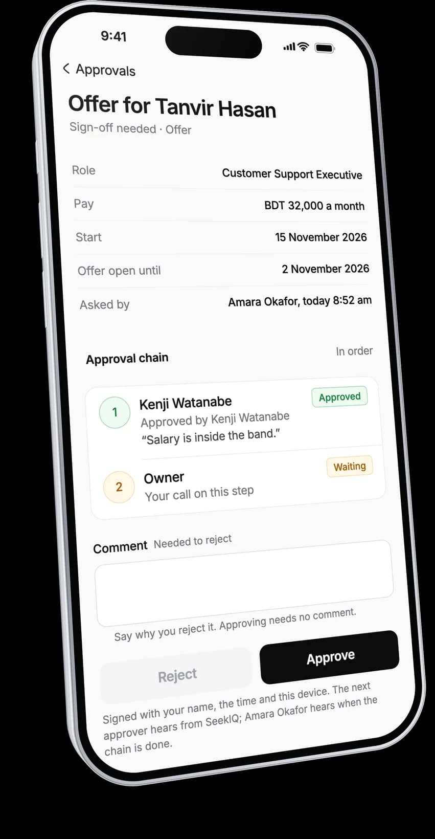 Offers and requisitions waiting for sign-off in the SeekIQ app