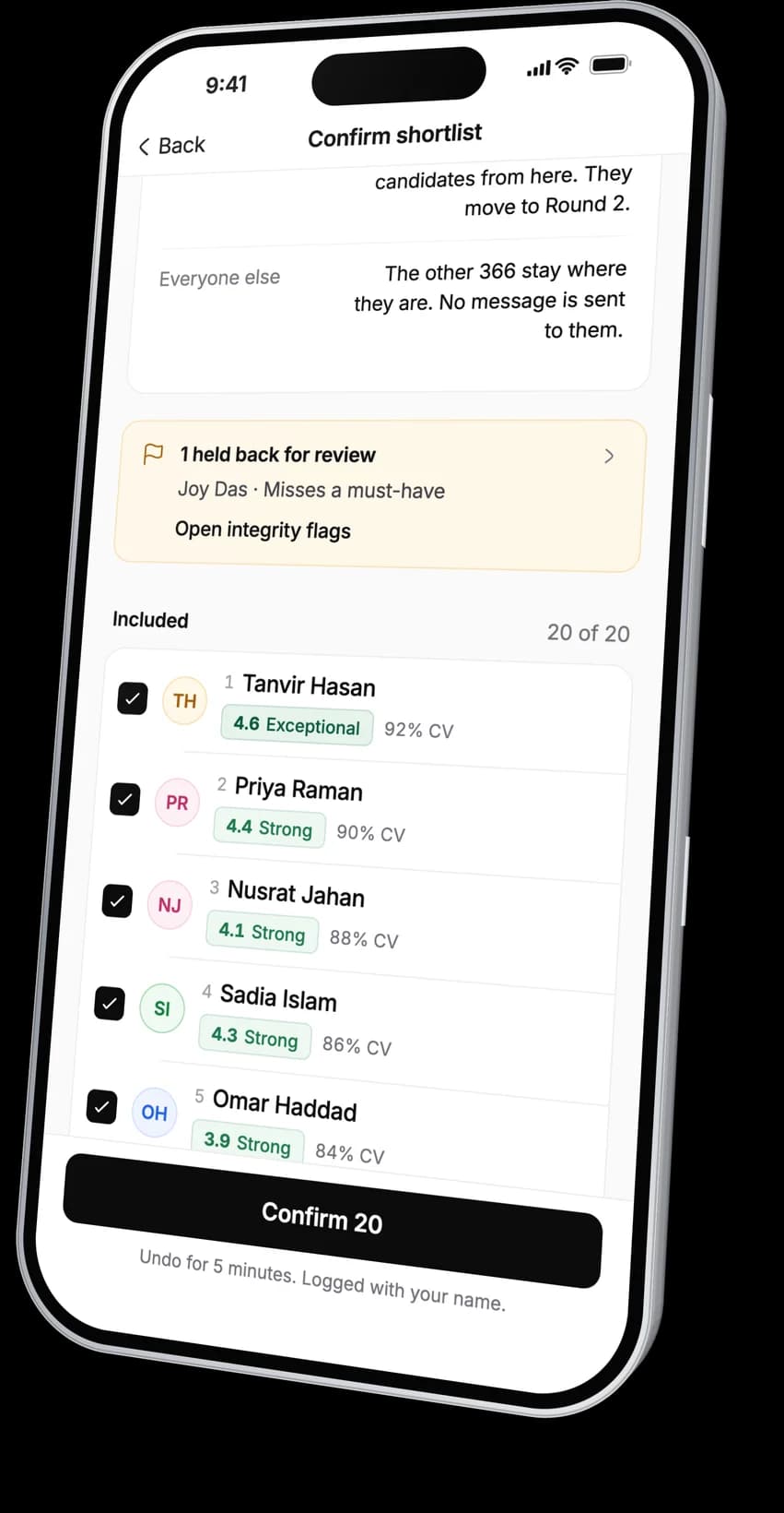 A shortlist waiting to be confirmed in the SeekIQ app