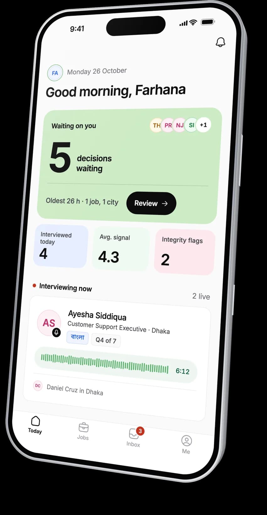 The Today screen of the SeekIQ app with decisions waiting, interviews finished today and integrity flags