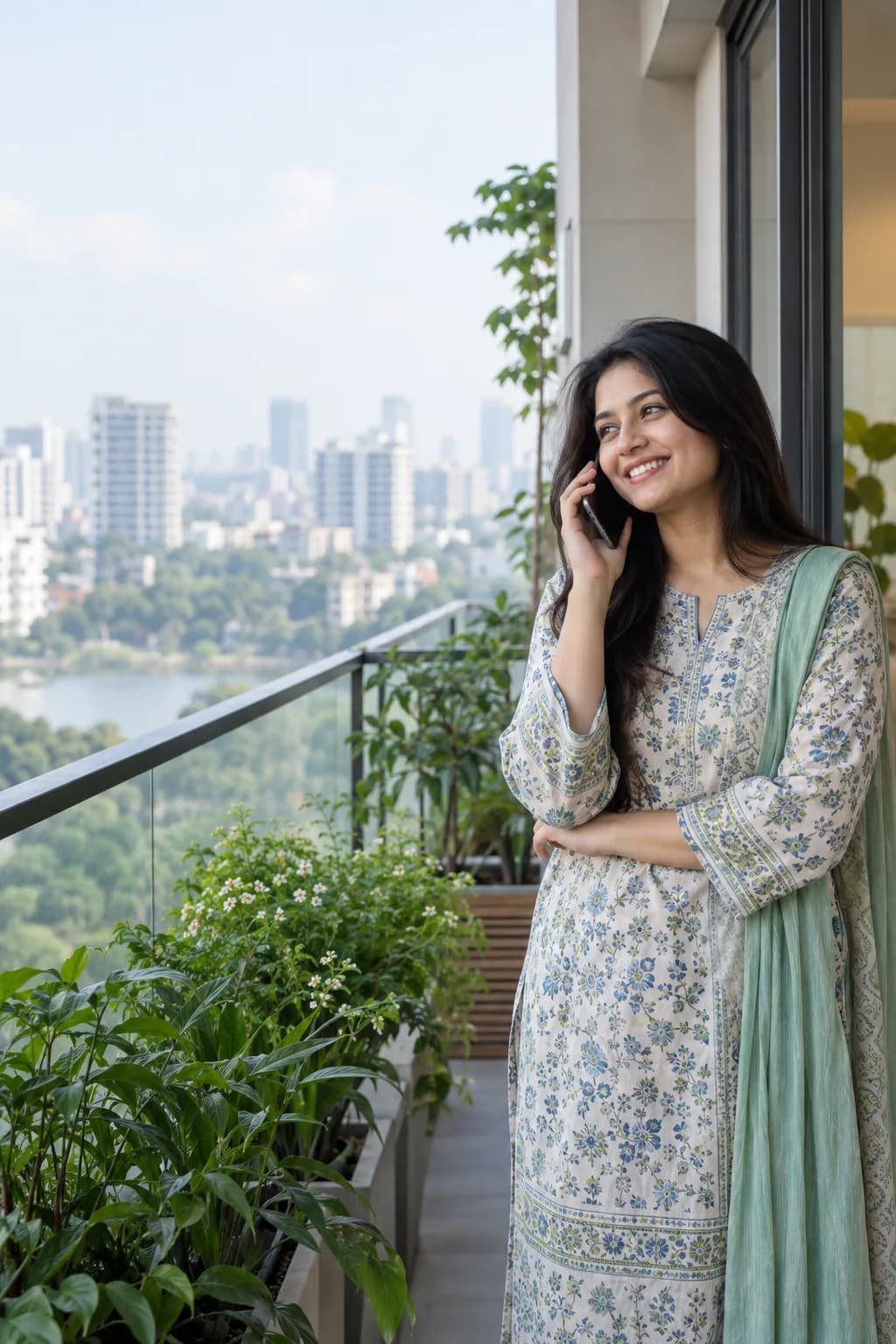 বারান্দায় বসে ইয়ারফোন কানে ফোনে ইন্টারভিউ দিচ্ছেন এক তরুণী